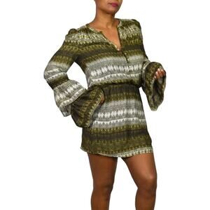 Parker Silk Print Mini Dress Brown Stripe Tassels Long Sleeve Tiered Size Small